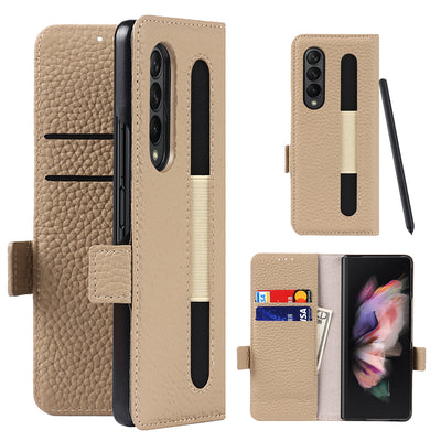 Galaxy Z Fold 3 Case with S Pen Holder, Genuine Leather Wallet Card Solt Magnetic Full Protection Stylus Storage Phone Cover for Samsung Galaxy Z Fold 3 5g