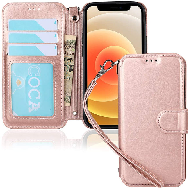 iPhone 12 Mini Wallet Case with Wrist Strap, PU Leather Kickstand Holder Case with Card Slots Magnetic Cover Case