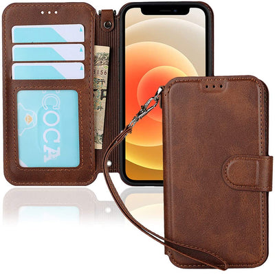 iPhone 12 Mini Wallet Case with Wrist Strap, PU Leather Kickstand Holder Case with Card Slots Magnetic Cover Case