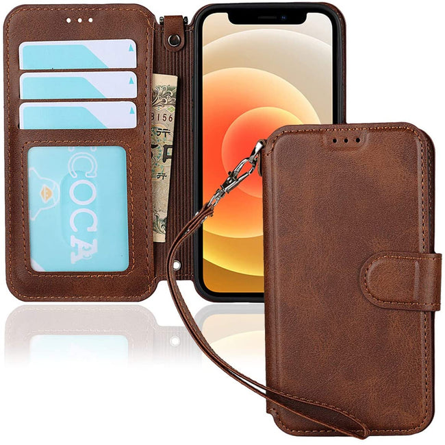 iPhone 12 Mini Wallet Case with Wrist Strap, PU Leather Kickstand Holder Case with Card Slots Magnetic Cover Case