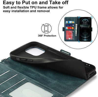 iPhone 12/12 Pro Wallet Case with Card Holder, [RFID Blocking] PU Leather Kickstand Holder Shockproof Case with Wrist Strap Magnetic Closure Protective Cover Case