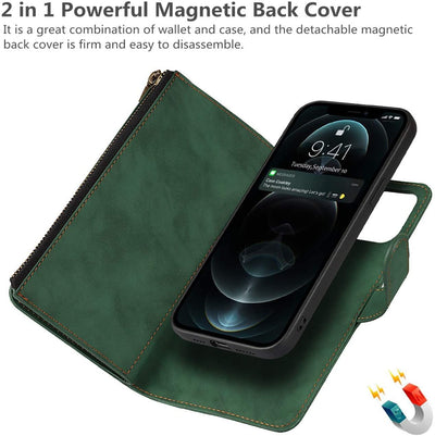 iPhone 12 Pro Max Wallet Case with Card Holder, 2 in 1 PU Leather Case with Magnetic Clasp Zipper Pocket Shockproof Detachable Flip Case with Wrist Strap for iPhone 12 Pro Max