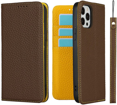 iPhone 12/12 Pro Wallet Case, RFID Blocking Genuine Leather Magnetic Case with Wrist Strap and Card Slots Kickstand Feature Flip Cover
