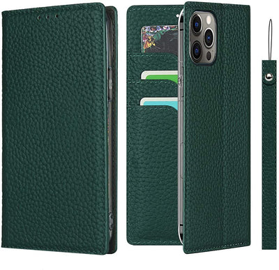 iPhone 12/12 Pro Wallet Case, RFID Blocking Genuine Leather Magnetic Case with Wrist Strap and Card Slots Kickstand Feature Flip Cover