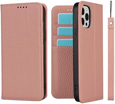 iPhone 12/12 Pro Wallet Case, RFID Blocking Genuine Leather Magnetic Case with Wrist Strap and Card Slots Kickstand Feature Flip Cover