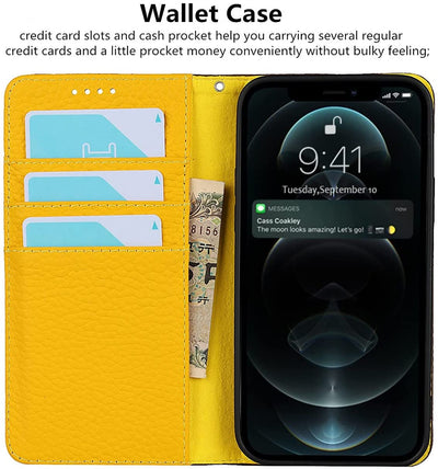 iPhone 12/12 Pro Wallet Case, RFID Blocking Genuine Leather Magnetic Case with Wrist Strap and Card Slots Kickstand Feature Flip Cover