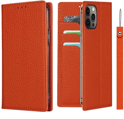 iPhone 12/12 Pro Wallet Case, RFID Blocking Genuine Leather Magnetic Case with Wrist Strap and Card Slots Kickstand Feature Flip Cover