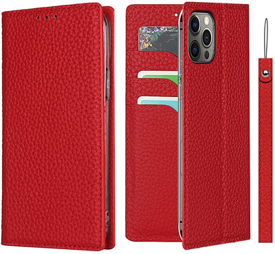 iPhone 12/12 Pro Wallet Case, RFID Blocking Genuine Leather Magnetic Case with Wrist Strap and Card Slots Kickstand Feature Flip Cover