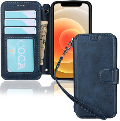 iPhone 12 Mini Wallet Case with Wrist Strap, PU Leather Kickstand Holder Case with Card Slots Magnetic Cover Case