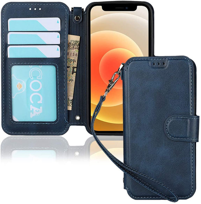 iPhone 12 Mini Wallet Case with Wrist Strap, PU Leather Kickstand Holder Case with Card Slots Magnetic Cover Case
