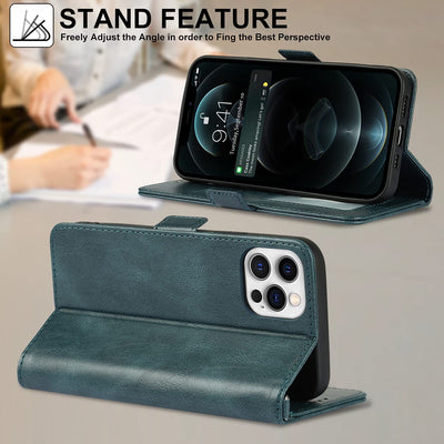 iPhone 12/12 Pro Wallet Case with Card Holder, [RFID Blocking] PU Leather Kickstand Holder Shockproof Case with Wrist Strap Magnetic Closure Protective Cover Case