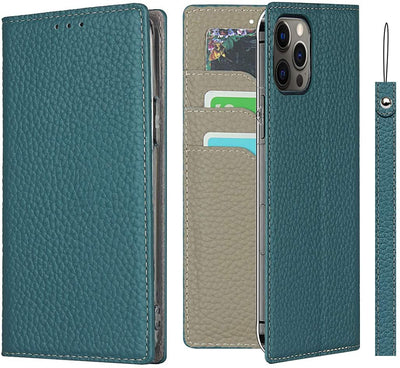 iPhone 12/12 Pro Wallet Case, RFID Blocking Genuine Leather Magnetic Case with Wrist Strap and Card Slots Kickstand Feature Flip Cover