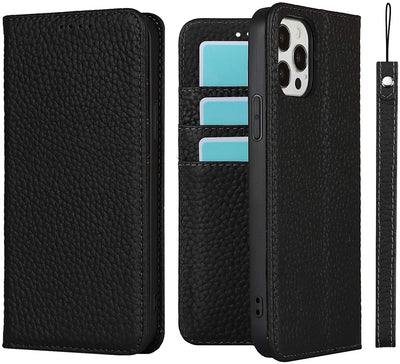 iPhone 12/12 Pro Wallet Case, RFID Blocking Genuine Leather Magnetic Case with Wrist Strap and Card Slots Kickstand Feature Flip Cover