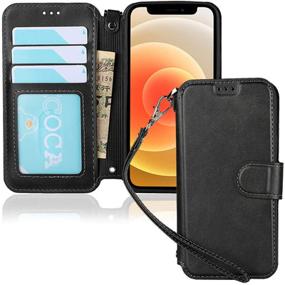 iPhone 12 Mini Wallet Case with Wrist Strap, PU Leather Kickstand Holder Case with Card Slots Magnetic Cover Case