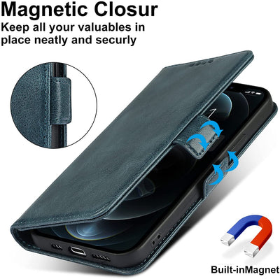 iPhone 12/12 Pro Wallet Case with Card Holder, [RFID Blocking] PU Leather Kickstand Holder Shockproof Case with Wrist Strap Magnetic Closure Protective Cover Case