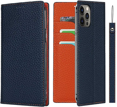 iPhone 12/12 Pro Wallet Case, RFID Blocking Genuine Leather Magnetic Case with Wrist Strap and Card Slots Kickstand Feature Flip Cover