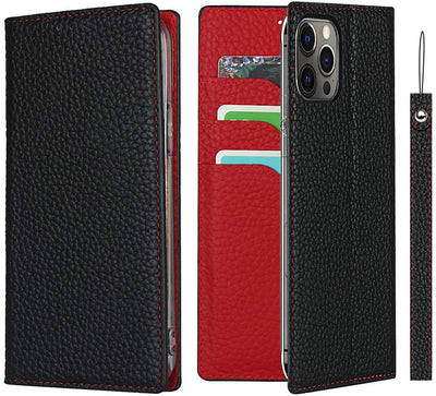 iPhone 12/12 Pro Wallet Case, RFID Blocking Genuine Leather Magnetic Case with Wrist Strap and Card Slots Kickstand Feature Flip Cover