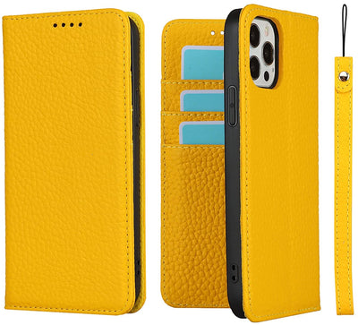 iPhone 12/12 Pro Wallet Case, RFID Blocking Genuine Leather Magnetic Case with Wrist Strap and Card Slots Kickstand Feature Flip Cover