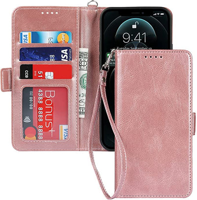 iPhone 12/12 Pro Wallet Case with Card Holder, [RFID Blocking] PU Leather Kickstand Holder Shockproof Case with Wrist Strap Magnetic Closure Protective Cover Case