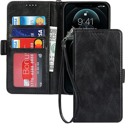 iPhone 12/12 Pro Wallet Case with Card Holder, [RFID Blocking] PU Leather Kickstand Holder Shockproof Case with Wrist Strap Magnetic Closure Protective Cover Case
