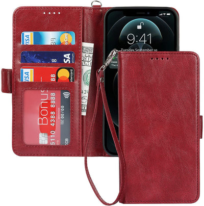 iPhone 12/12 Pro Wallet Case with Card Holder, [RFID Blocking] PU Leather Kickstand Holder Shockproof Case with Wrist Strap Magnetic Closure Protective Cover Case