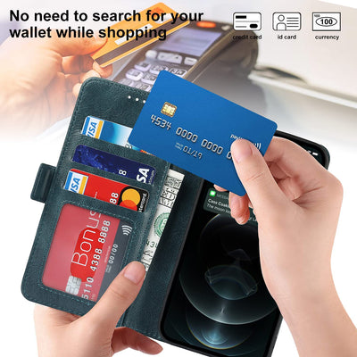 iPhone 12/12 Pro Wallet Case with Card Holder, [RFID Blocking] PU Leather Kickstand Holder Shockproof Case with Wrist Strap Magnetic Closure Protective Cover Case