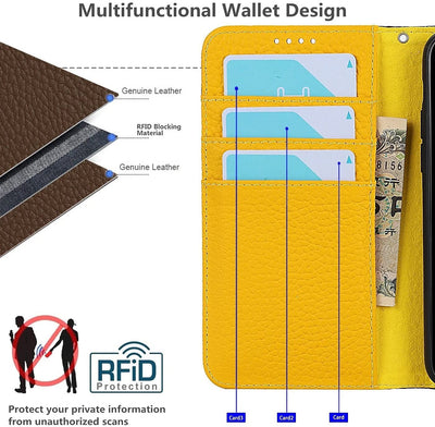 iPhone 12/12 Pro Wallet Case, RFID Blocking Genuine Leather Magnetic Case with Wrist Strap and Card Slots Kickstand Feature Flip Cover