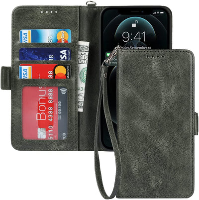 iPhone 12/12 Pro Wallet Case with Card Holder, [RFID Blocking] PU Leather Kickstand Holder Shockproof Case with Wrist Strap Magnetic Closure Protective Cover Case