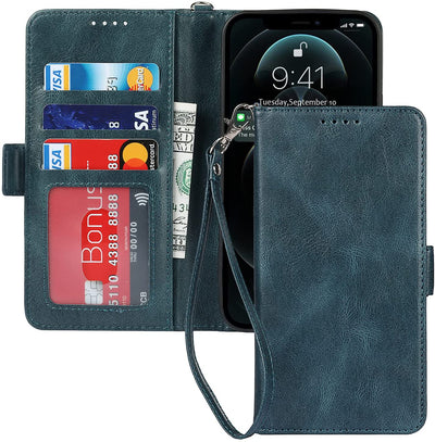 iPhone 12/12 Pro Wallet Case with Card Holder, [RFID Blocking] PU Leather Kickstand Holder Shockproof Case with Wrist Strap Magnetic Closure Protective Cover Case