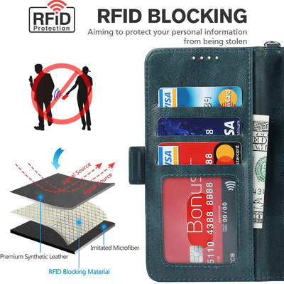 iPhone 12/12 Pro Wallet Case with Card Holder, [RFID Blocking] PU Leather Kickstand Holder Shockproof Case with Wrist Strap Magnetic Closure Protective Cover Case