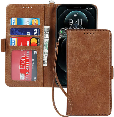 iPhone 12/12 Pro Wallet Case with Card Holder, [RFID Blocking] PU Leather Kickstand Holder Shockproof Case with Wrist Strap Magnetic Closure Protective Cover Case