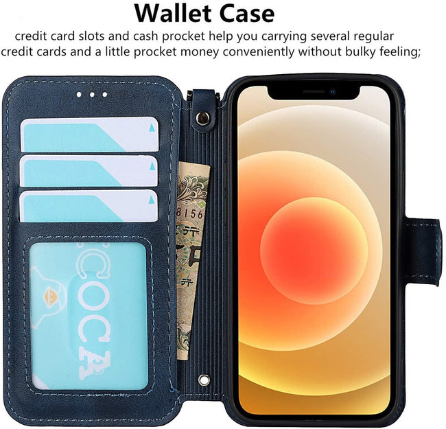 iPhone 12 Mini Wallet Case with Wrist Strap, PU Leather Kickstand Holder Case with Card Slots Magnetic Cover Case